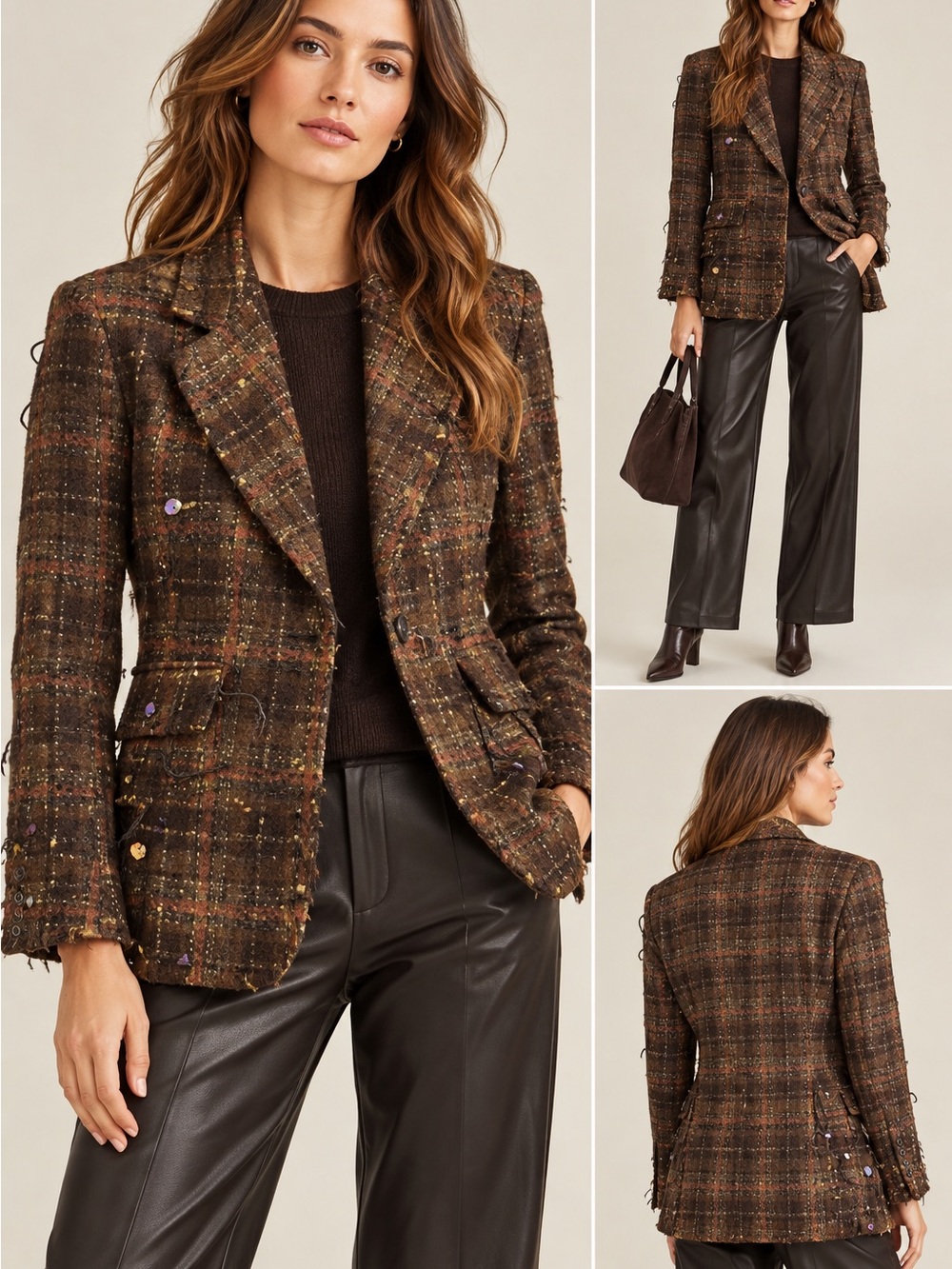 JNBY  72% Wool Tweed Plaid Blazer Embellished Sequin Fringe | Size 2/4 | EUC